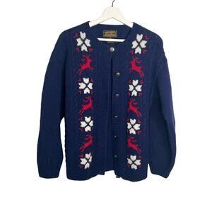 Vintage Eddie Bauer 1989 100% Wool Knit Cardigan Sweater Navy Blue Size S